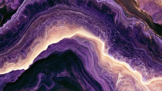 Deep purple liquid swirls with cream, creating rich patterns in a dark setting, resembling a vibrant gemstone.