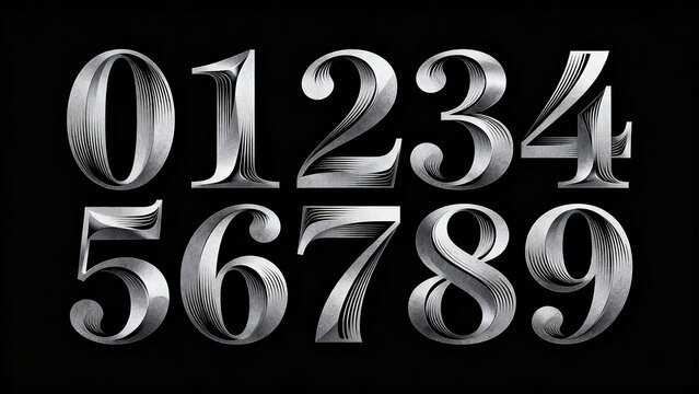 Silver metallic textured numerals 0 to 9, elegant 3D serif typography with flow lines on dark background