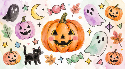 Obraz premium ハロウィンのかぼちゃとお化け 水彩背景素材