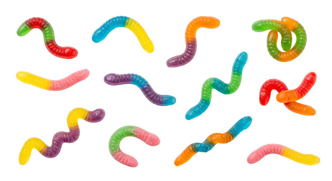 Collection of colorful gummy worms isolated on a clean white background for food design