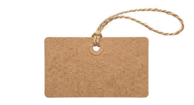 Blank brown cardboard price tag with a rustic twine loop isolated on a white background
