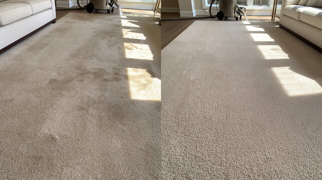 Before and after carpet cleaning in a family living room showing stains and a clean carpet Generative AI