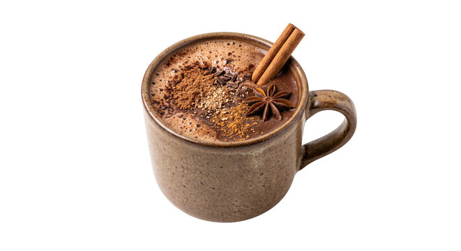 A rustic ceramic mug filled with rich hot chocolate topped with cinnamon and star anise spice