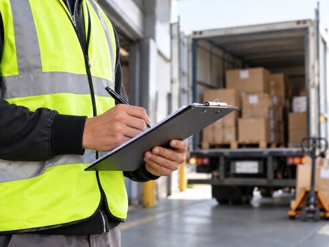 A logistics worker in a high-visibility vest writes on a clipboard with a truck full of boxes.