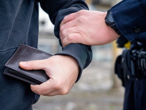 A police officer holds the arm of a person caught snatching a brown wallet in a street interaction.