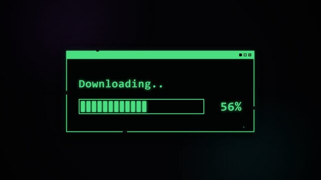 A green digital progress bar displays the active transfer status of a large file packet on a dark terminal screen monitor while the system shows fifty six percent completion during current