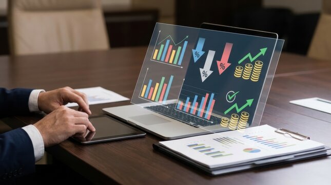 expense reduction business analysis Businessman analyzing financial charts on laptop with documents on desk