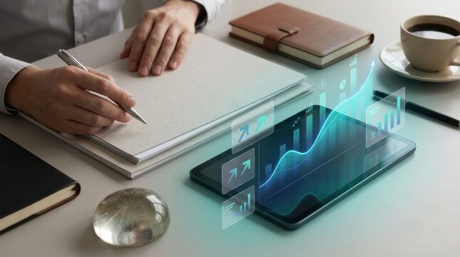 expense reduction business analysis Person analyzing financial data with digital graphs over a smartphone on desk