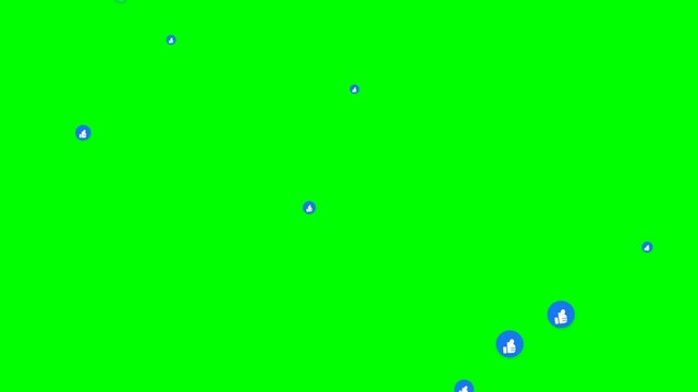 Numerous blue circular icons featuring a thumb pointing upward ascend through the vibrant chroma key space to represent active social media engagement during a live streaming session