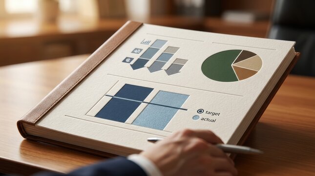 expense reduction business analysis Business report with charts on a clipboard held by a person in a suit