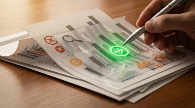 expense reduction business analysis Business documents with graphs and charts being analyzed with a pen