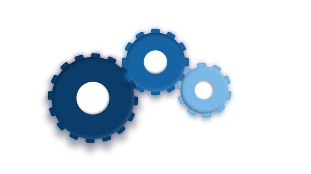 Three blue circular machine cogs of different sizes interlock together to represent teamwork and the complex mechanics found within industrial engineering processes that drive various productive