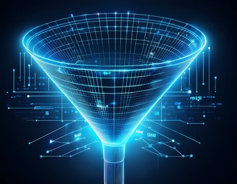 a glowing blue geometric network funnel illustrates a digital data filtering process in a futuristic business concept