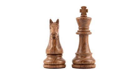 Wooden chess knight and king pieces standing side by side on a clean white background surface © Ophelia