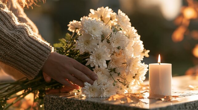 Hands place a white chrysanthemum bouquet beside a memorial candle on a stone grave in gentle autumn daylight Generative AI