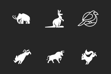 Fototapeta premium Minimalist Animal Logo Collection: White Silhouettes of Elephant, Kangaroo, Bird, Wild Boar, Bull, and Squirrel Icons