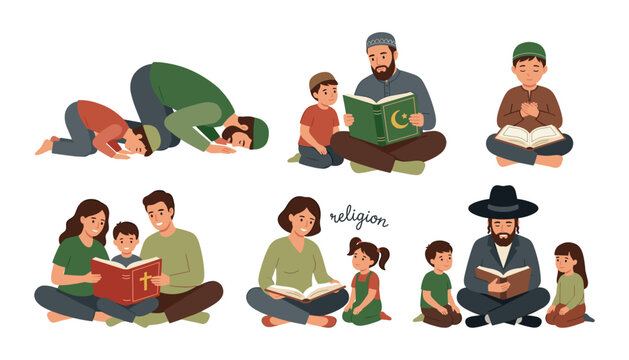 Diverse religious families teaching children vector set featuring Muslim prayer, Christian bible reading, and Jewish Torah study character illustrations