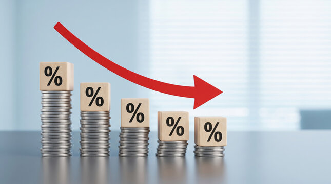 Coins stacked decrease with percentage symbol and red downward arrow. Finance investment recession crisis. money budget saving expense, value reduction down decayed, risk loss