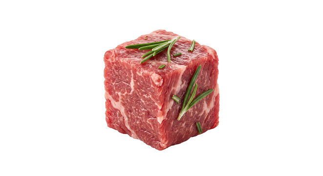 A perfectly shaped raw beef cube garnished with fresh green rosemary sprigs on white background