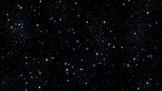 無数の星粒がオーロラのように幻想的な色彩で煌めき漂うループ動画。ファンタジー作品のオープニング、プラネタリウム映像、夜空のイベント演出に最適な神秘的シネマティック素材