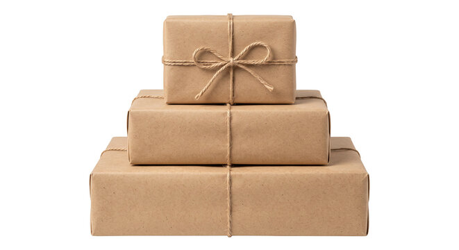 Stacked brown paper gift boxes tied with rustic twine string on a clean white background