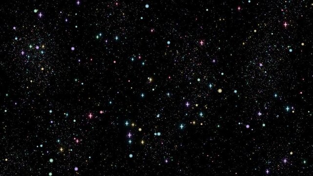 柔らかなパステルカラーの星粒がふわりと空間を舞い踊るループ動画。ベビーギフト広告、子供向けコンテンツ、ファンシーなWebバナーに最適な優しくかわいいシネマティック素材