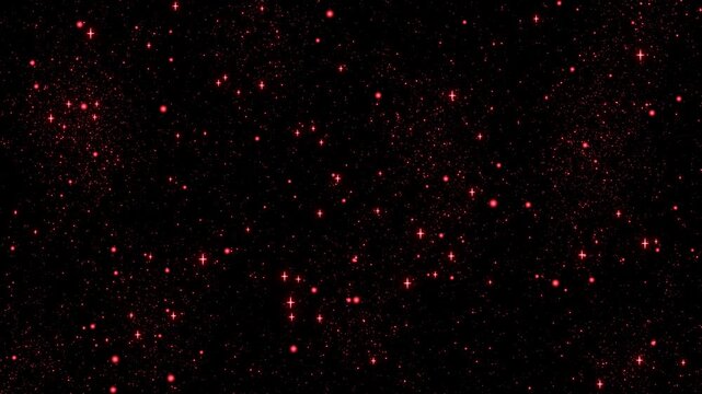 情熱的なルビーレッドの星粒が夜空に燃えるように輝き漂うループ動画。クリスマスセール、バレンタインキャンペーン、ラグジュアリーカーのPVに映えるドラマチックなシネマティック素材