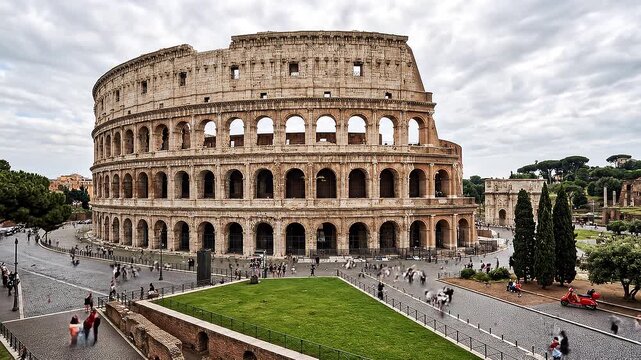 The Majestic Colosseum in Rome Under a Cloudy Sky.