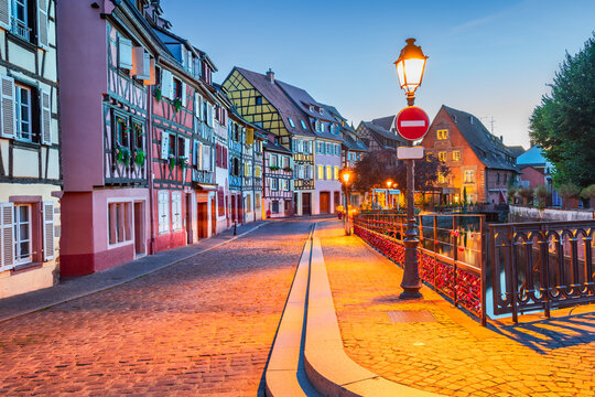 Colmar, France. Petite Venice, charming water canal and traditional half timbered houses in Alsace.