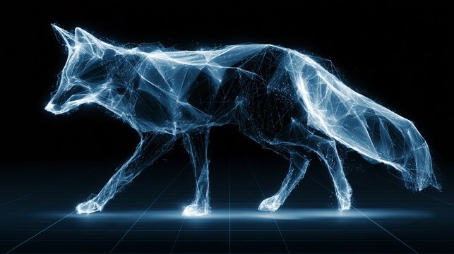Glowing crystalline fox form, intensely blue, seemingly constructed from ice, poised against a dark backdrop, surreal concept