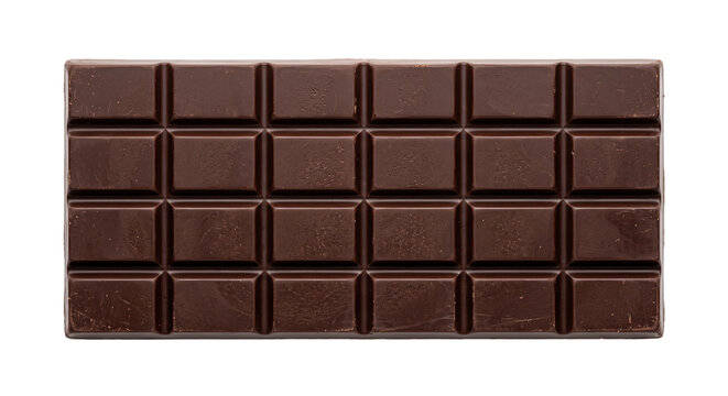 Top view of a rectangular dark chocolate bar with segmented squares on a clean white background