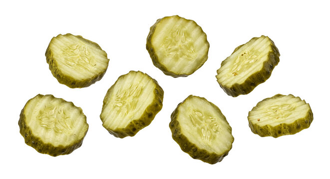 Fresh crinkle cut pickle slices arranged in a floating composition on a clean white background
