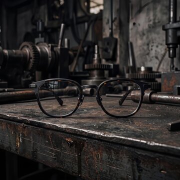 Vintage Eyeglasses Resting on Rustic Wooden Workbench in Workshop.