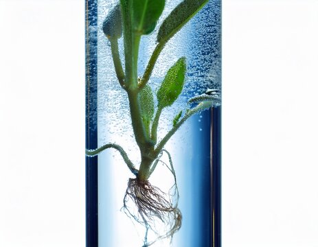 vibrant plant roots submerged in clear water with oxygen bubbles in glass tube