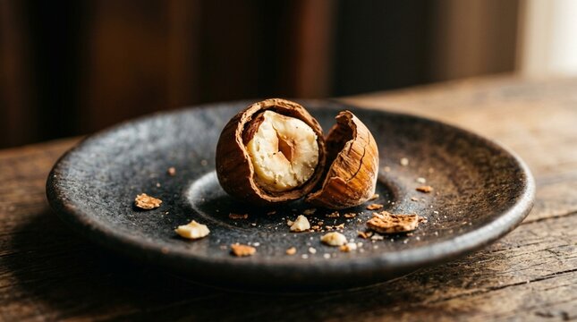 Close-up of cracked roasted hazelnut on black ceramic plate with scattered nut fragments