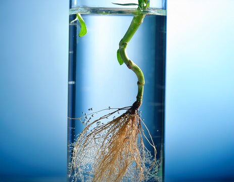 plant roots submerged in clear water with bubbles in glass cylinder