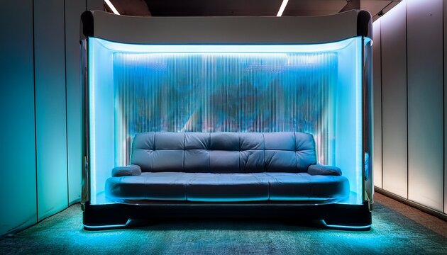 modern office privacy pod with futuristic fiber optic lighting and plush sofa