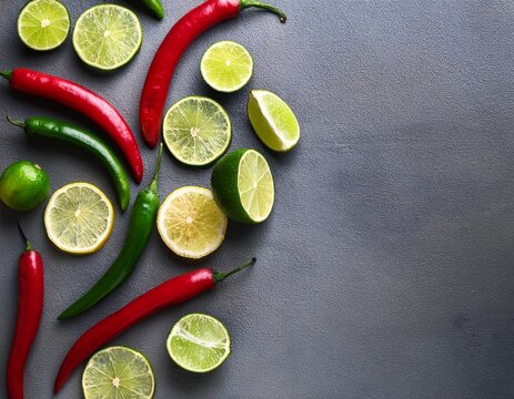 vibrant red and green chili peppers with fresh lime slices arranged on a minimalist grey background top view with copy space