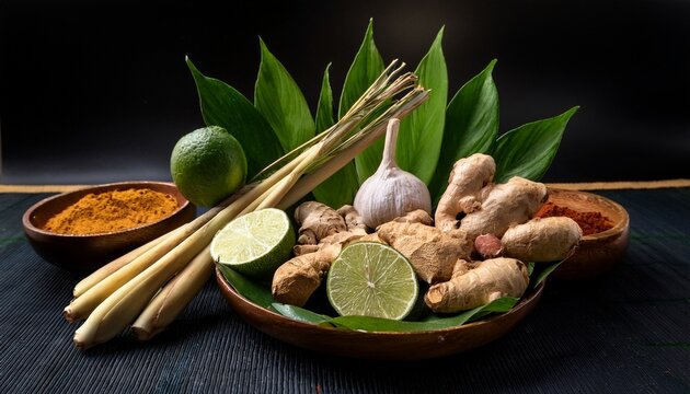 fresh asian herbs spices display ginger turmeric lemongrass kaffir lime natural ingredients for culinary traditional use