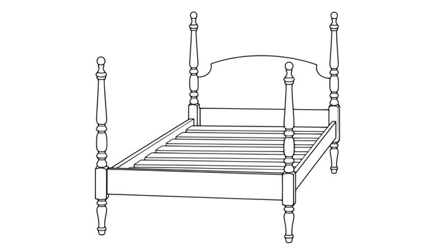 Monoline illustration of a wooden four poster bed frame with tall turned posts slatted base and curved headboard rendered in thin black lines in angled perspective revealing empty structure