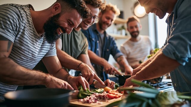 Group of male friends enjoying cooking a healthy dinner together in a modern kitchen Generative AI