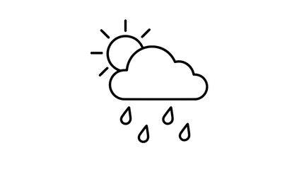 Obraz premium Black outline vector icon of a partly cloudy sun behind a puffy cloud with four separate raindrops falling below in two staggered rows drawn in bold monoline contours for clear forecast reading
