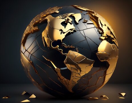 elegant fractured earth globe with golden cracks on dark background