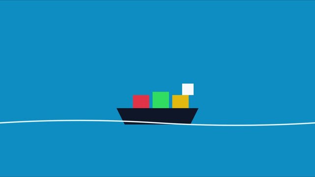Minimalist container ship animation carrying colorful cargo boxes on blue ocean 4k background logistics