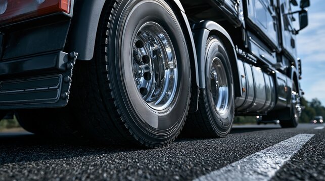 Large semi truck wheels rolling on asphalt highway during daylight hours Generative AI