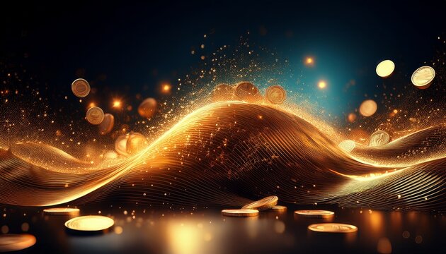 golden coins and sparkling particles forming dynamic waves on dark background abstract financial flow digital currency wealth concept