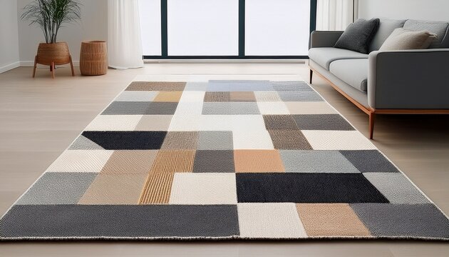modern minimalist grey and beige area rug with abstract geometric plaid grid composition