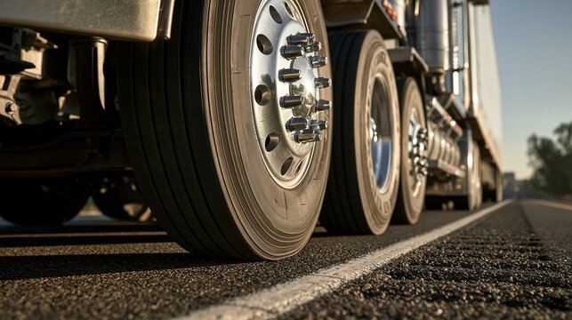 Large semi truck wheels rolling on asphalt highway in bright daylight Generative AI