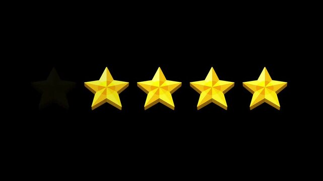Five star rating animation and review feedback on black.