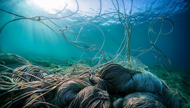 underwater scene of tangled fishing lines on the sea floor